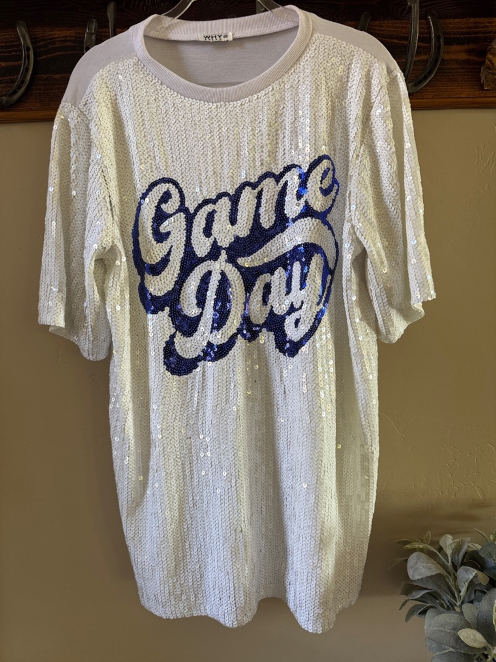 Why Dress - White Sequin "Game Day" T-Shirt Dress with Blue Script